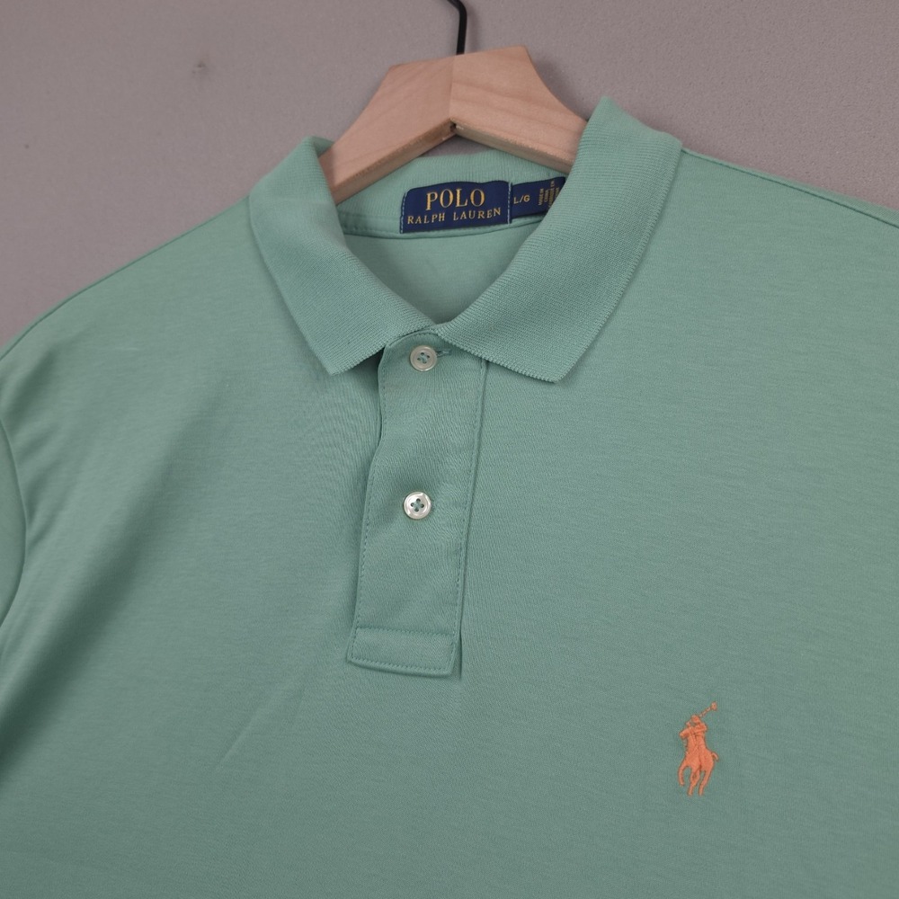 Polo Ralph Lauren Mens L Sage Green Jersey Cotton Polo Shirt Peach Pony Golf Top
